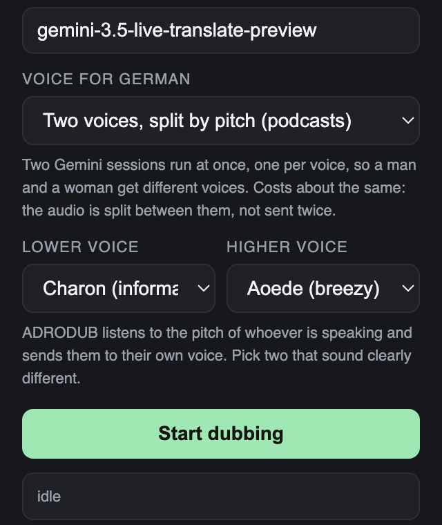 The ADRODUB Advanced panel showing the saved key and voice settings