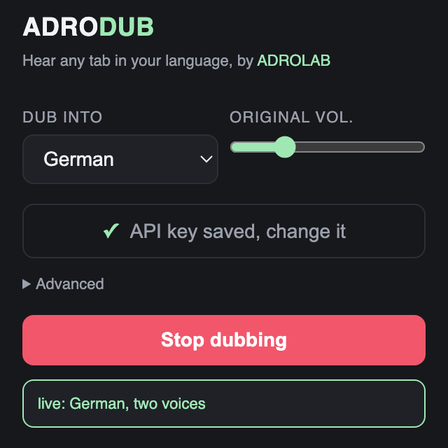 The ADRODUB panel dubbing a tab into German in two voices