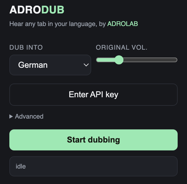 The ADRODUB panel with the Enter API key button