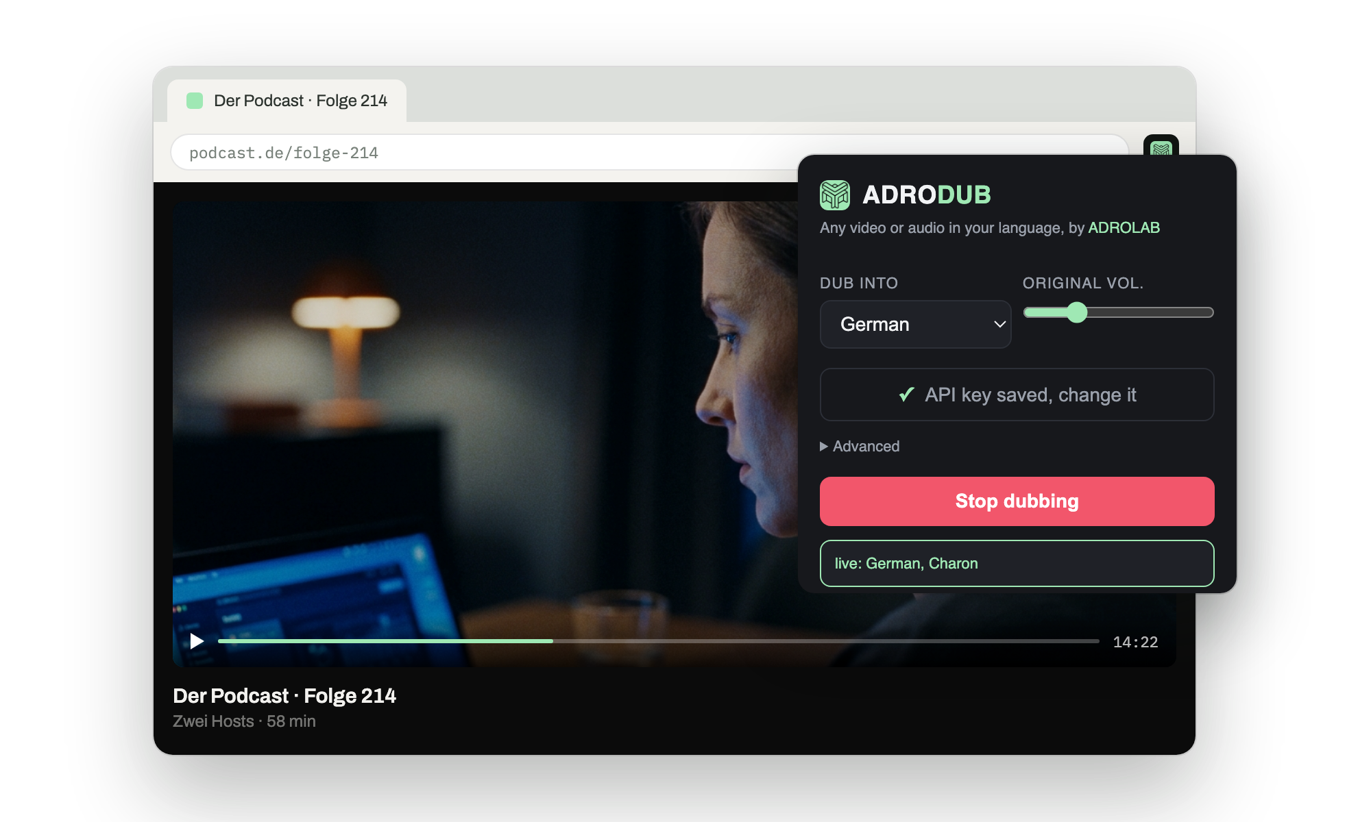 A podcast playing in Chrome with ADRODUB dubbing it into German