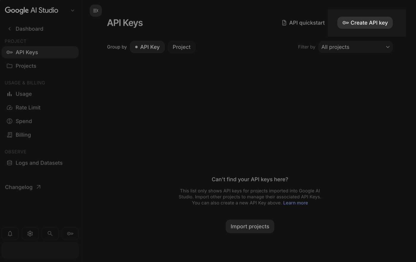 Open the API keys page